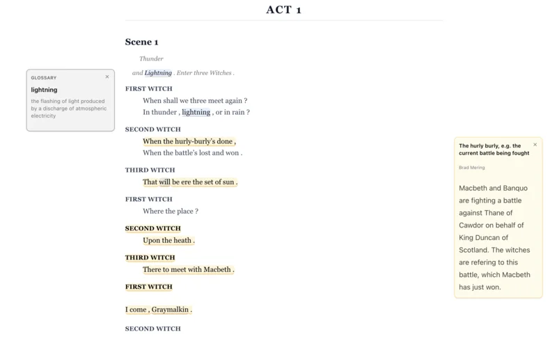 A passage from Macbeth in reading mode, with annotations and context