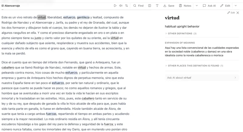 A spanish language text showing a glossary context